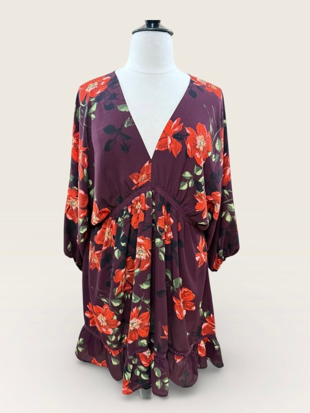 Umgee Plum Floral V Neck Midi with Balloon Sleeves and Ruffle Hem, Size 1X
